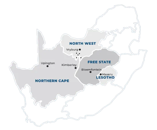 Radius Sales and Merchandising coverage map highlighting the Free State, Northern Cape, North West and Lesotho, with Bloemfontein, Kimberley, Upington, Vryburg and Maseru marked